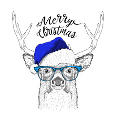 The christmas poster with the image deer portrait in Santa's hat. Vector illustration.