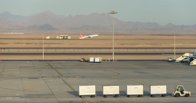 EGYPT. HURGADA - July 19. 2017. The plane takes off from the airport of Hurghada