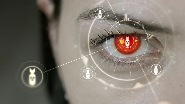 Young cyborg female blinks then nuclear bomb symbols appears. 4K+ 3D animation concept.