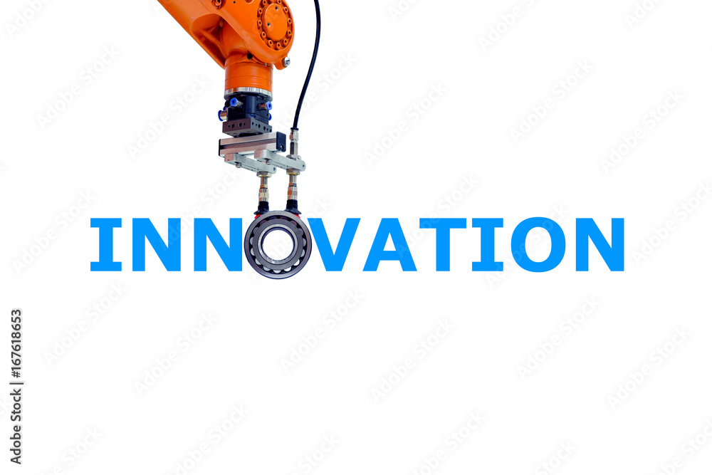 Poster innovation keyword with industry robotic picked a spherical roller bearings replace an o character i