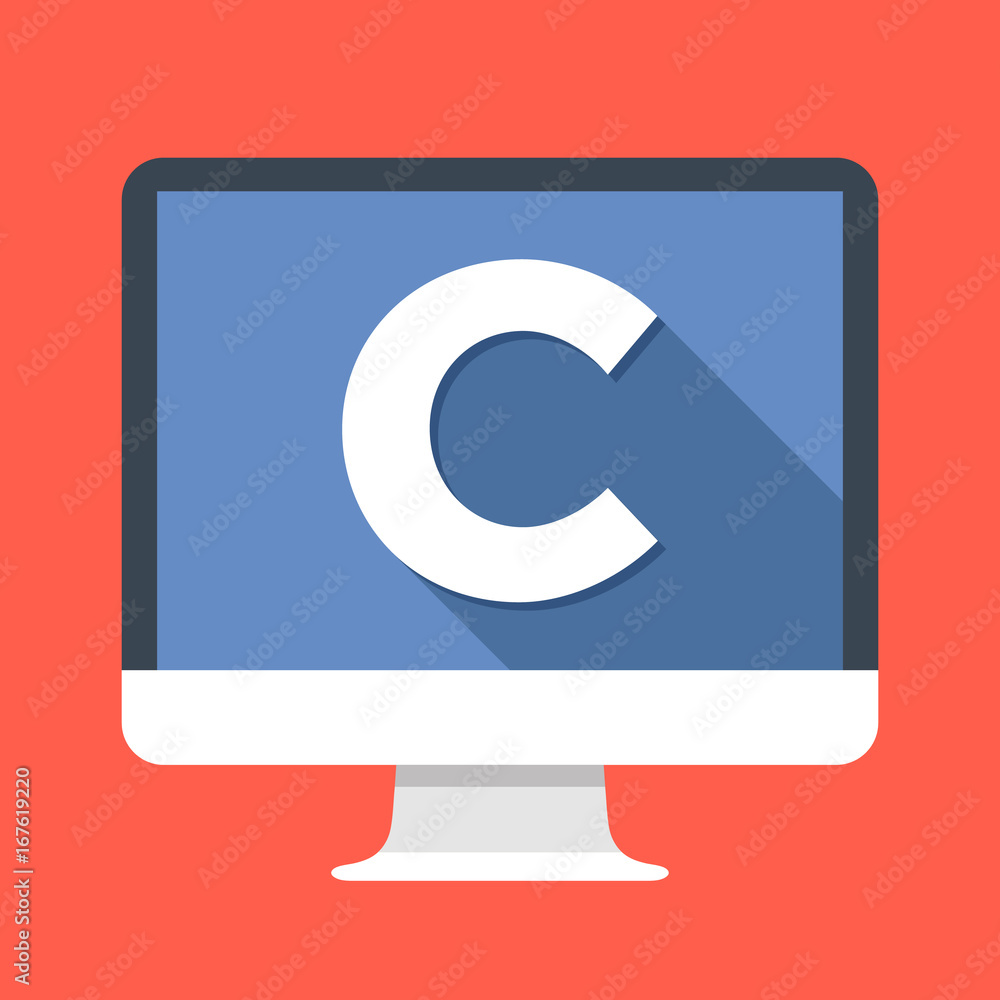 Poster Computer with C letter on screen. C programming language. Programming, coding, learning concepts. Simple flat icon. Modern long shadow flat design vector illustration