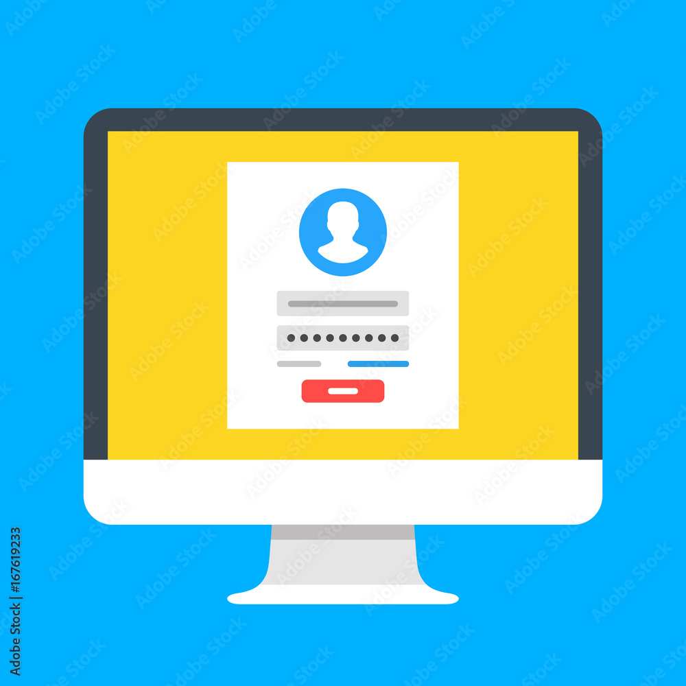 Poster sign in page on computer screen. desktop computer with login form and sign in button. user account. 