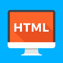 Computer with HTML word on screen. Hypertext markup language concept. Web development, create web page, coding, learning concepts. Simple flat icon. Modern long shadow flat design vector illustration