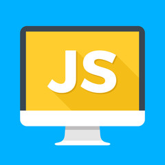Computer with JS word on screen. Javascript scripting language. Web development, create js script, coding, learning concepts. Simple flat icon. Modern long shadow flat design vector illustration