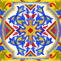 Portuguese azulejo tiles. Watercolor seamless pattern