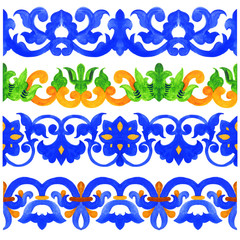 Portuguese azulejo tiles. Watercolor seamless pattern border