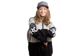 Girl hip-hop in a jacket with a cap