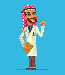 Happy smiling Arabian doctor man character. Vector flat cartoon illustration