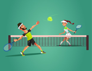 Plakat Two happy smiling people man and woman characters play tennis. Vector flat cartoon illustration