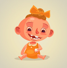 Happy smiling child character holds dying baby tooth. Vector flat cartoon illustration

