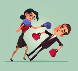 Two angry office workers characters boxing. Discrimination concept. Vector flat cartoon illustration