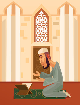 Muslim man character praying in mosque. Vector flat cartoon illustration