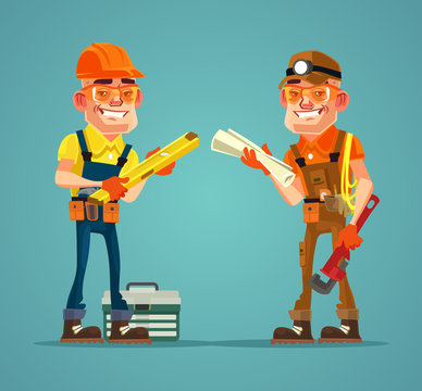 Two happy smiling hard working builders character discuss construction plan. Vector flat cartoon illustration