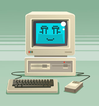 Happy smiling old computer character. Vector flat cartoon illustration