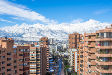 landscape city Santiago Chile Las Condes Cordillera de los Andes snow-covered - obrazy, fototapety, plakaty
