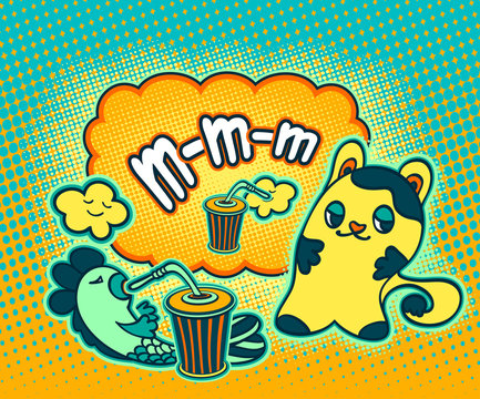Doodle cat fish cloud  in pop art cartoon comic retro style drinking drink and thinking MMM on Speech bubble with halftone for advertising Rating quality product