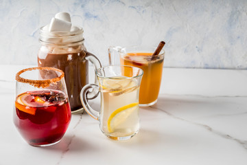 Selection of various autumn traditional drinks: hot chocolate with marshmallow, tea with lemon and ginger, white pumpkin spicy sangria, mulled wine. On white marble table, copy space, selective focus