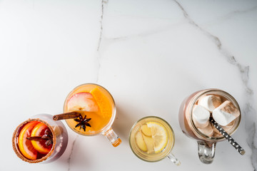 Selection of various autumn traditional drinks: hot chocolate with marshmallow, tea with lemon and...