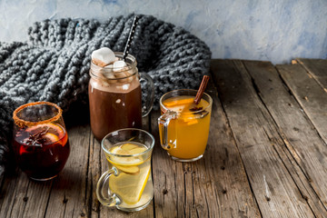 Selection of various autumn traditional drinks: hot chocolate with marshmallow, tea with lemon and ginger, white pumpkin spicy sangria, mulled wine. On wooden rustic table, copy space, selective focus