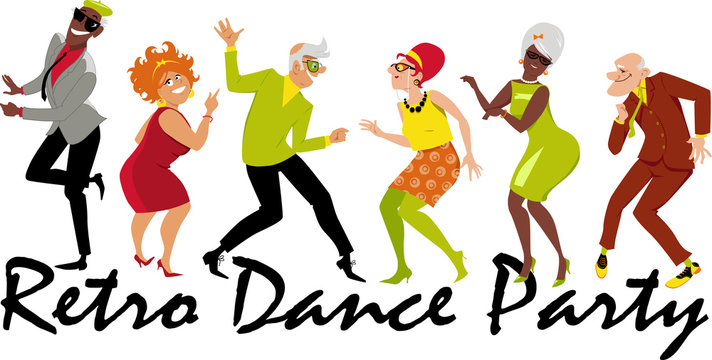 Group of active seniors dressed in 1950th - 1960th fashion dancing at a Retro Dance Party, EPS 8 vector illustration