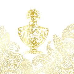 A beautiful bottle of perfume and oriental patterns. Vector illustration for a postcard or a poster, print for clothes. Styling for embossing with gold.