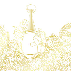 A beautiful bottle of perfume and oriental patterns. Vector illustration for a postcard or a poster, print for clothes. Styling for embossing with gold.