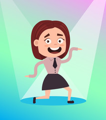 Happy smiling office worker business woman character dancing on corporate event in club on dance floor. Vector flat cartoon illustration