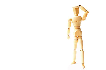 Wooden figure doll with looking emotion for success business concept on white background