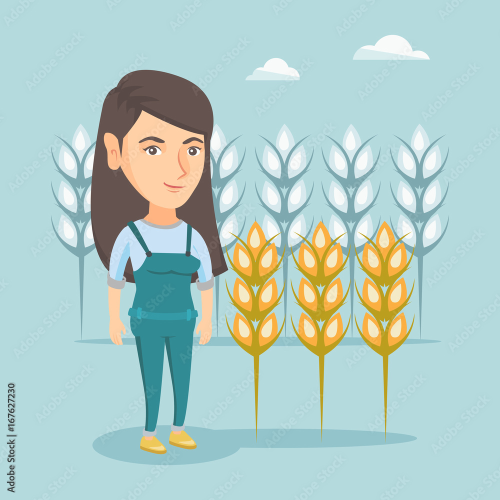 Poster young caucasian rancher standing on the background of wheat field. smiling rancher working in a whea