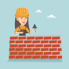 Caucasian bicklayer working with spatula at the construction site. Young female bricklayer in uniform and hard hat. Bricklayer building a brick wall. Vector cartoon illustration. Square layout.