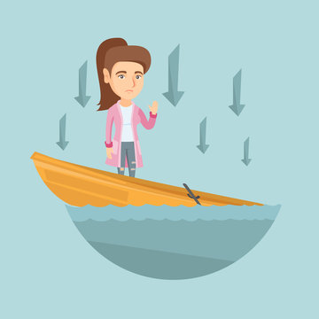 Business woman standing in sinking boat and asking for help. Business woman sinking and arrows behind her pointing down symbolizing business bankruptcy. Vector cartoon illustration. Square layout.