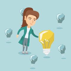 Young caucasian business woman standing among unlit idea light bulbs and touching the brightest idea bulb. Concept of creative successful business idea. Vector cartoon illustration. Square layout.