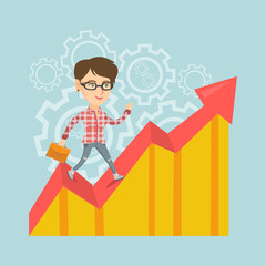 Caucasian successful business manager standing on profit chart. Young happy business manager running along the profit chart. Business profit concept. Vector cartoon illustration. Square layout.