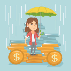 Young caucasian business insurance agent. Female insurance agent holding umbrella over golden coins. Business insurance and business protection concept. Vector cartoon illustration. Square layout.