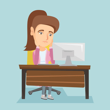 Exhausted caucasian employee sitting at workplace and looking at computer screen. Young overworked tired employee working with her head propped on hands. Vector cartoon illustration. Square layout.