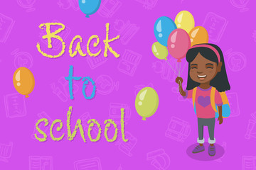 Caucasian smiling schoolgirl with the bunch of balloons in hand. Schoolgirl with backpack holding the bunch of balloons. Vector sketch cartoon illustration with back to school text. Horizontal layout.