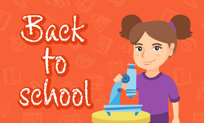 Little caucasian schoolgirl conducting experiment with a microscope. Schoolgirl standing near a microscope. Vector sketch cartoon illustration with back to school text. Horizontal layout.