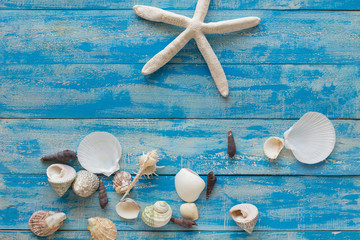 Sea star and shells on wooden blue background. Place for text. Top view.