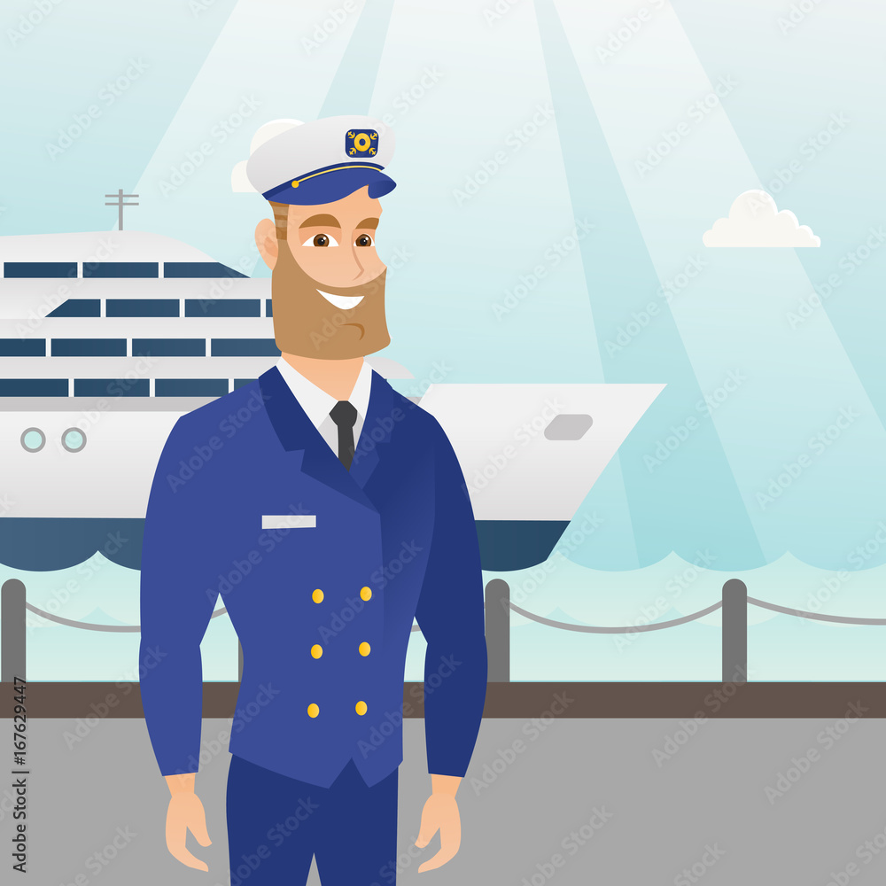 Poster caucasian ship captain standing on the background of sea and cruise ship. young smiling hipster ship