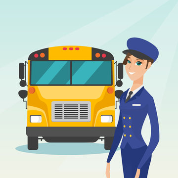 Caucasian cheerful female school bus driver standing on the background of yellow bus. Smiling school bus driver in uniform. Cheerful school bus driver. Vector cartoon illustration. Square layout.