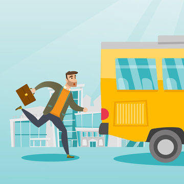Young hipster businessman with beard chasing a bus. Caucasian businessman running for an outgoing bus. Latecomer businessman running to reach a bus. Vector cartoon illustration. Square layout.
