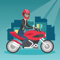 Foto op Plexiglas Young happy caucasian woman in helmet riding a motorcycle on the background of night city. Motorcyclist driving a motorcycle on the city road at night. Vector cartoon illustration. Square layout. © Visual Generation