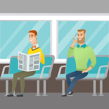 Caucasian people traveling by public transport. Man using mobile phone while traveling by public transport. Young man reading newspaper in public transport. Vector cartoon illustration. Square layout.