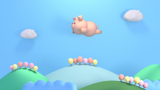 3d rendering picture of cartoon pig flying in the sky. Beautiful mountains and forest landscape.