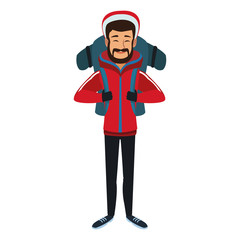 man winter clothes with backpack on white background vector illustration