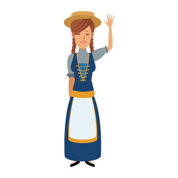 young cartoon woman in swiss national costume vector illustration