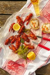 Picnic on the lake, red boiled crayfish with twig of dill on white paper and towel © jarvna