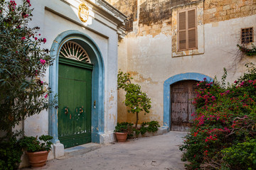 Streets of old town at sunny day. Cozy yard with exotic plants, Mdina, Malta.