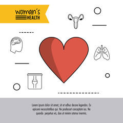 white background of poster woman health with red heart in closeup and icons around vector illustration