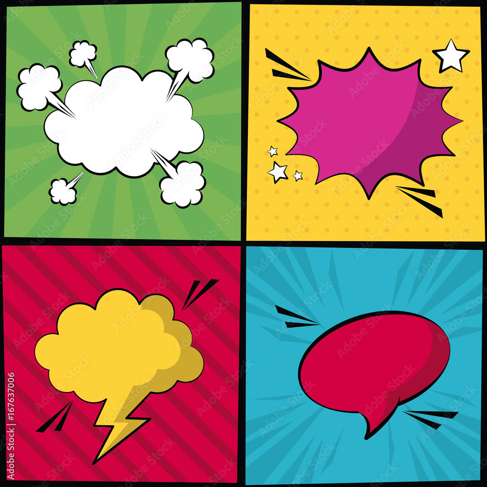 Aufkleber multicolored square banner in pop art style with stripes and dialog callout in different forms vecto